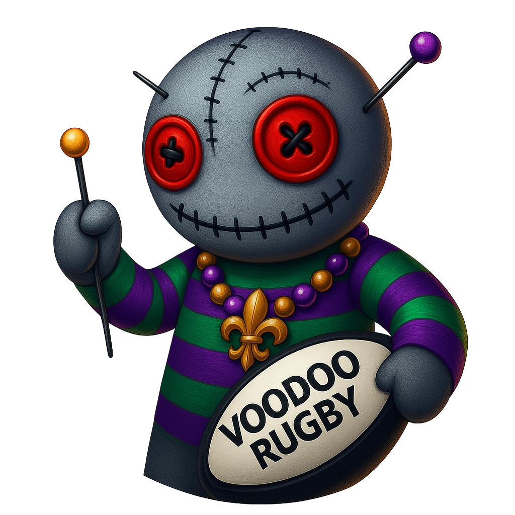 VooDoo Rugby mascot holding a rugby ball